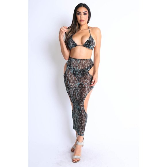 Women's Casual Printed Mesh Cut-Out Bikini And Cover-Up 3 Piece Sexy Set S,M,L - Picture 3 of 10